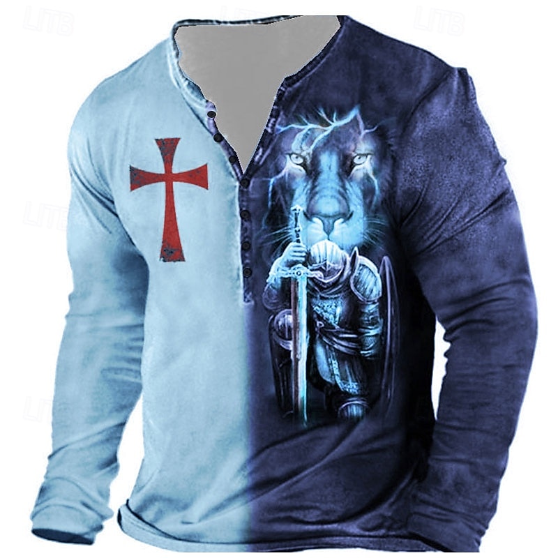 Per uomo Grafico Croce Templare Croce Maglietta Maglia Henley Manica Lunga Stampa 3D Designer Essenziale Classico Quotidiano All'aperto Sportivo Primavera & Estate Blu Giallo Viola Grigio Henley del 2026 a $28.99 –P3