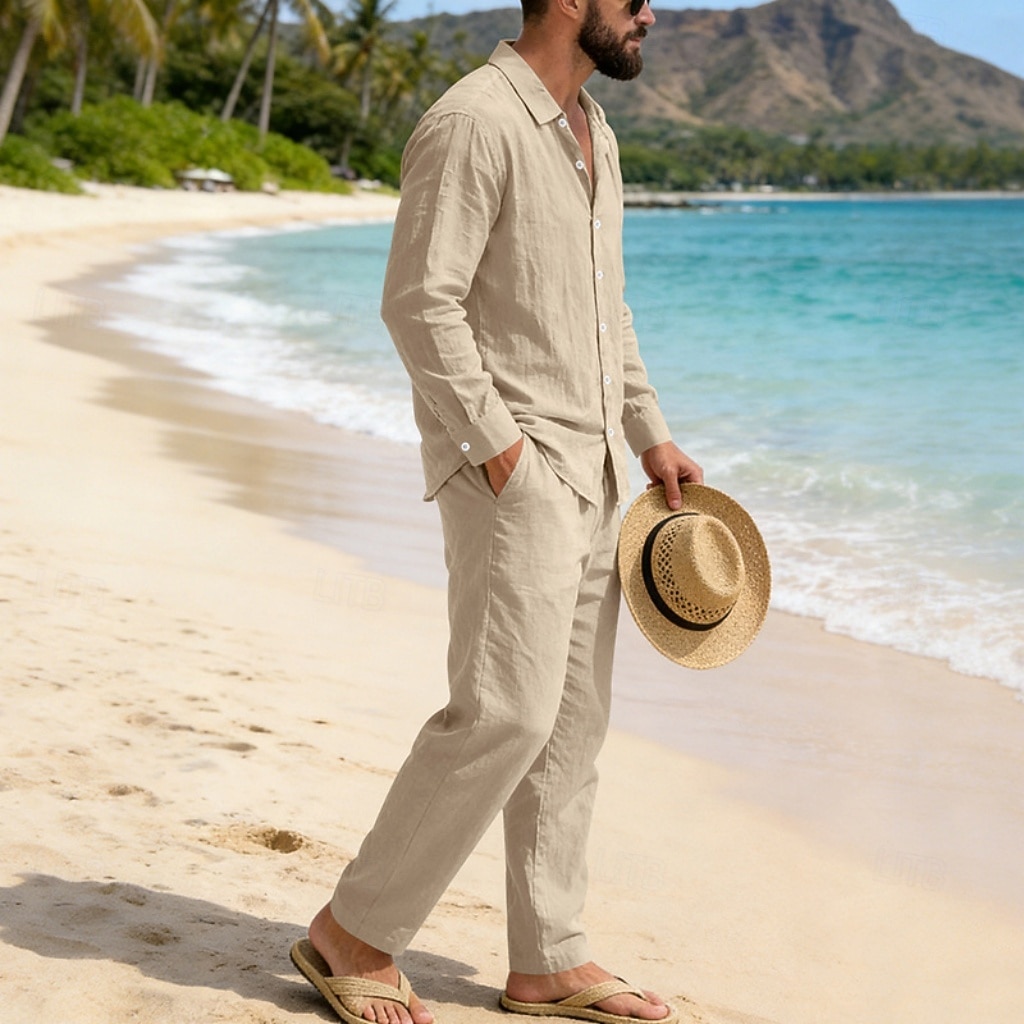 Homme Chemise en lin Deux pièces Ensemble Chemise Et Pantalons en Lin Pantalons Pantalon décontracté Set Uni Quotidien Extérieur Plage Col Rabattu manche longue Été Printemps Mode Occasionnel de 2026 ? $41.99 –P11