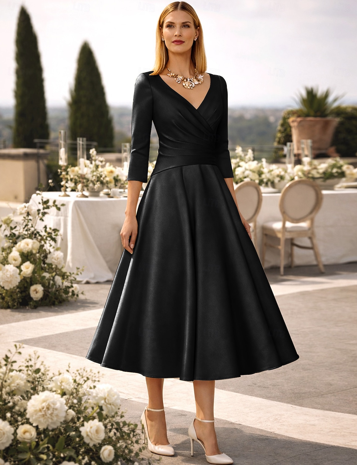 A-Linie Tee-Länge Cocktailkleider Partykleider Elegant Vintage Übergröße Dreiviertelarm V Ausschnitt Hochzeitsgast Satin mit Falten 2026 - $126.99 –P22