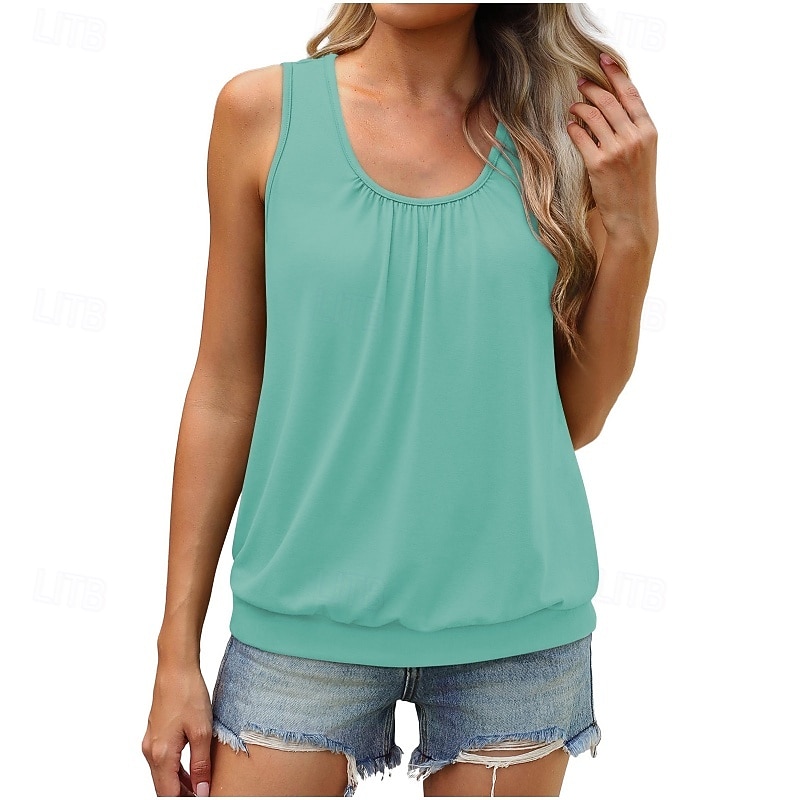 Per donna Canotta Maglietta senza maniche Maglietta Arricciato Tinta unica Elegante Classico Casual Senza Maniche Girocollo Top Regolari Quotidiano Uscire Weekend Blu Nero Verde militare Azzurro cielo del 2026 a $19.99 –P1