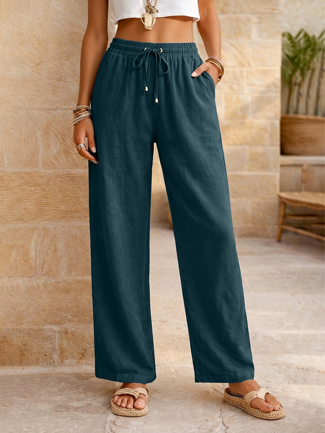 Women's Cotton Linen Pants Summer Pants Pants Trousers Vacation Basic Casual Daily Full Length Natural Plain Drawstring Front Pocket Comfort Breathability Comfortable Inelastic Daily Going out Weekend 2026 - $22.99 –P21