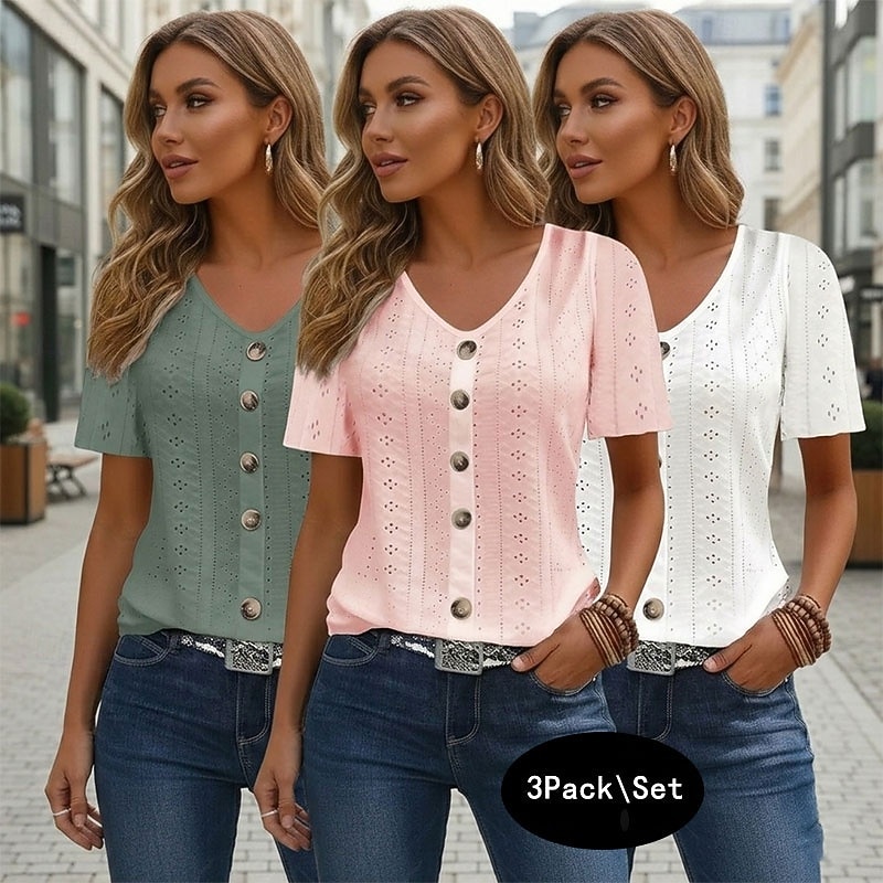 Paquets multiples 3 pièces Femmes Col en V Manche Courte noir + blanc + vert Boutons Occasionnel Quotidien Polyester Été de 2026 ? $41.99 –P1