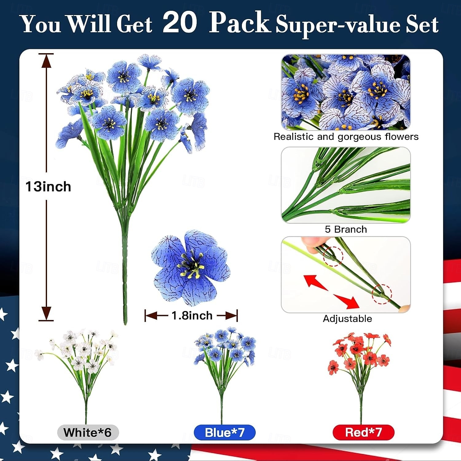 2026年 7月4日の飾り付け用、赤、白、青の愛国的な花のアレンジメント、フェイクシルク、UV耐性、メモリアルデー、庭、ポーチ、家の装飾用、デイジーの造花20束  コレクション – $23.99 –P2