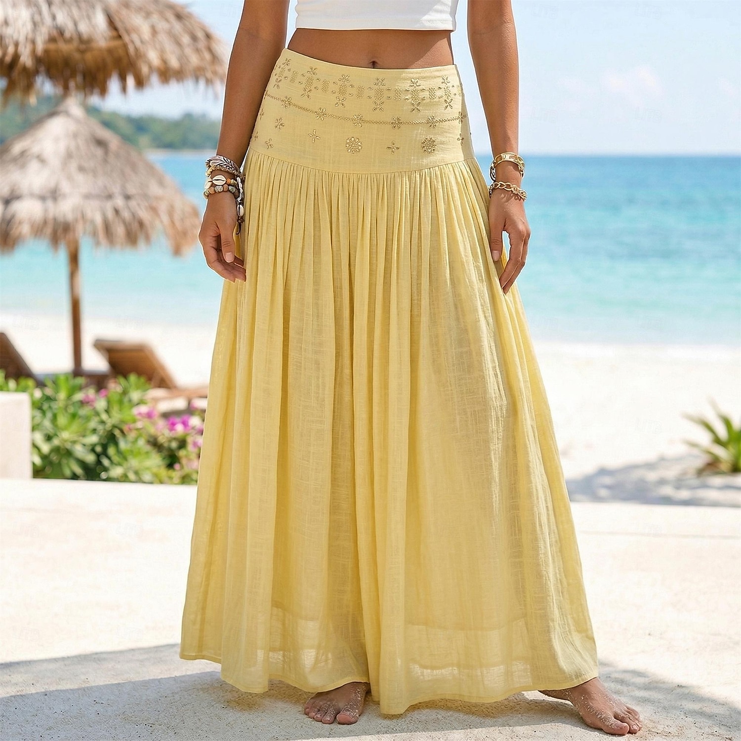 Per donna Gonna da vacanza Bohemien Vintage Moda Etnico Maxi Vita Alta Gonne Semplice Arricciato Patchwork Foratura a caldo Micro-elastico Spiaggia Vacanza Blu Verde mela Marrone rossastro Giallo del 2026 a $31.99 –P5