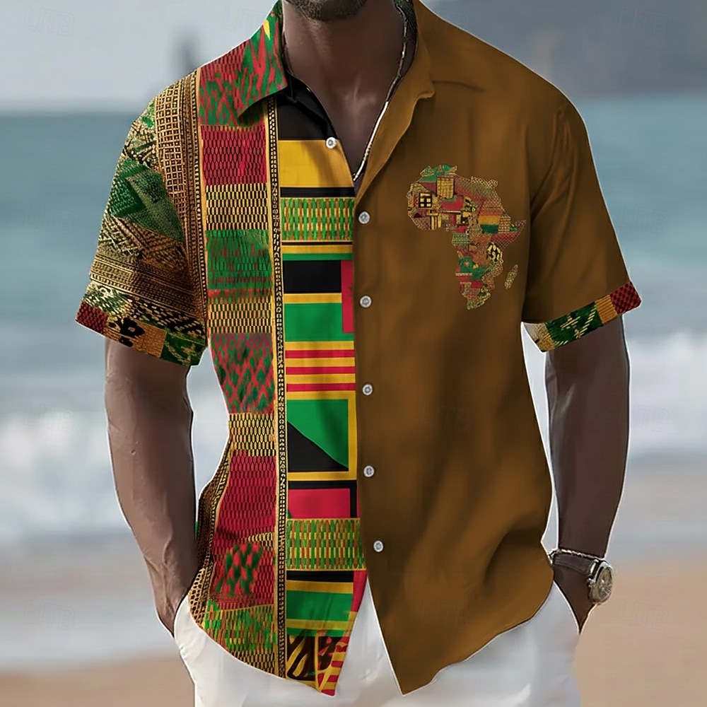 Juneteenth Herre Stamme Kart Etikk / afrikansk Skjorte Sommerskjorte Skjorte med knapper Kortermet Vintage retro Ferie Sommer Vår Aftæpning 3D-utskrift krage skjorter Blå Rød Kakifarget Svart 2026 - $25.99 –P3