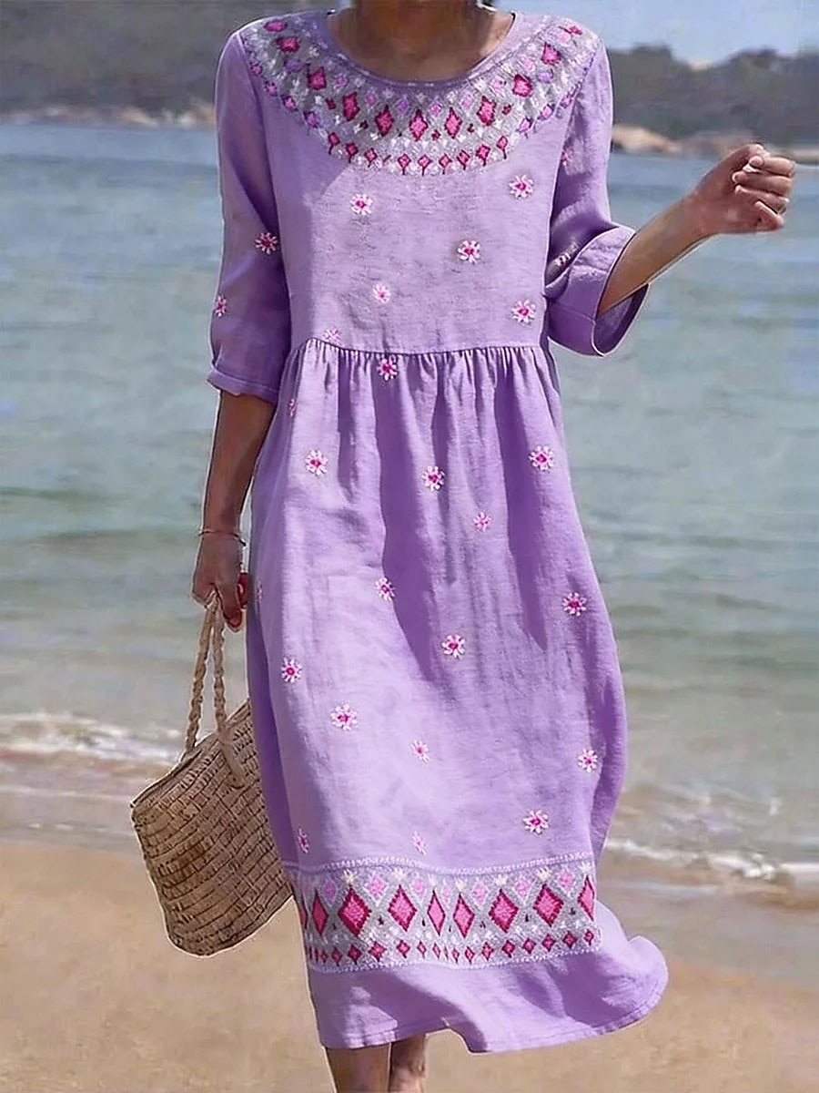 Dames Halflange jurk Zonnejurk Zomerjurk Vakantie Casual Boho Strand Feestdagen Ruim Passend Bloemig Grafisch Geometrisch 3/4 mouw Strakke ronde hals blauw Blozend Roze Paars Groen Zomer Lente 2026 - $34.99 –P7