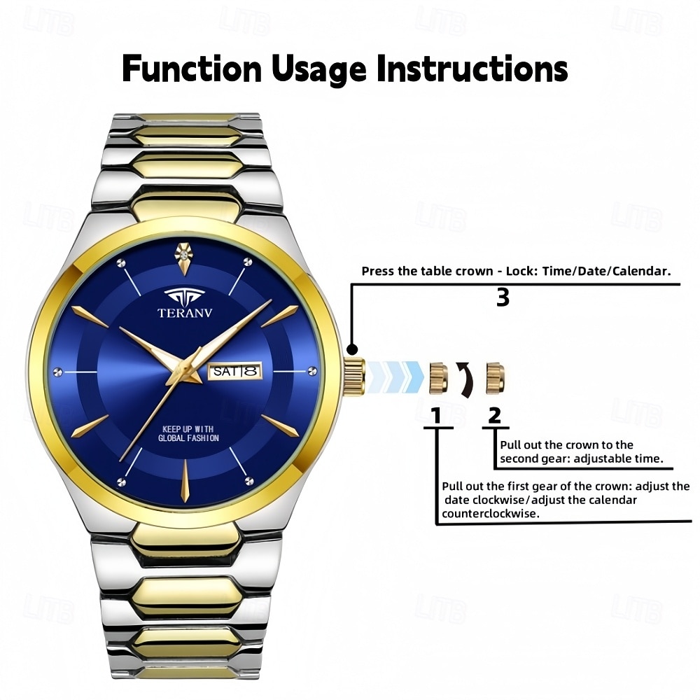 Men's Watch Luxury Two-Tone Gold Silver Stainless Steel Bracelet, Black Dial Day Date Waterproof Quartz Wristwatch, Fashion Business Dress Watch, Gift for Men on Wedding or Anniversary 2026 - $24.99 –P7