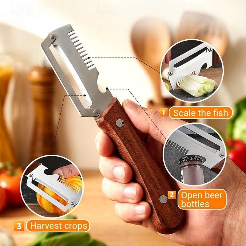 Pelador de verduras con mango de madera y abridor de botellas, pelador de verduras multifuncional para la cocina, utensilio de cocina para pelar frutas, calabazas, patatas, zanahorias y otras 2026 - $6.49 –P5