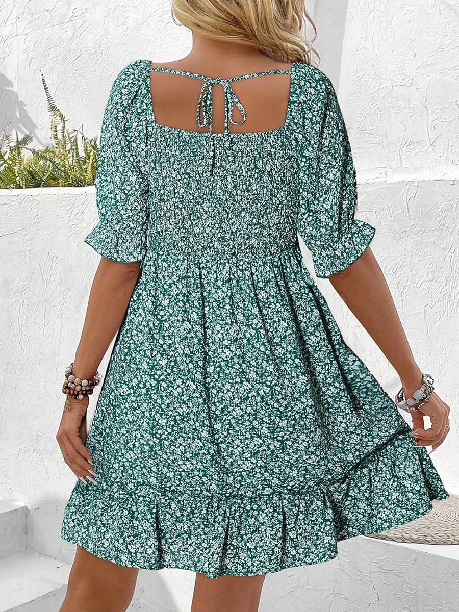 Mujer Vestido hasta la Rodilla Vestido informal Vestido de flores Vestido Estampado Elegante Moda Moderno Manga Farol Exterior Vacaciones Noche Holgado Floral Manga Corta Escote Cuadrado Azul Piscina 2026 - $45.99 –P4