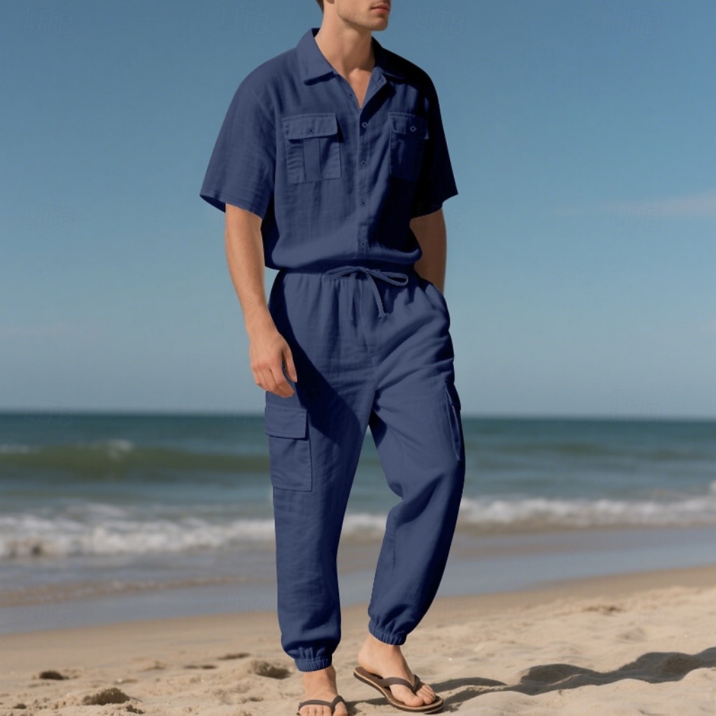 Men's Linen Shirt 2 Piece Shirt Set And Cargo Pants Linen Pants Trousers Set Plain Casual Daily Outdoor Turndown Short Sleeves Summer Fashion Casual Comfortable Clothing Apparel 2026 - $36.99 –P8