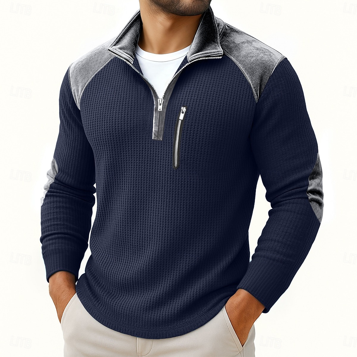Hombre Henley Shirt Camiseta de punto gofre Camisas de hombre con coderas Manga Larga Cremallera de un cuarto Otoño invierno Primavera Otoño Retro Antiguo Casual Bolsillos Cerrar Retazos Casual 2026 - $27.99 –P1