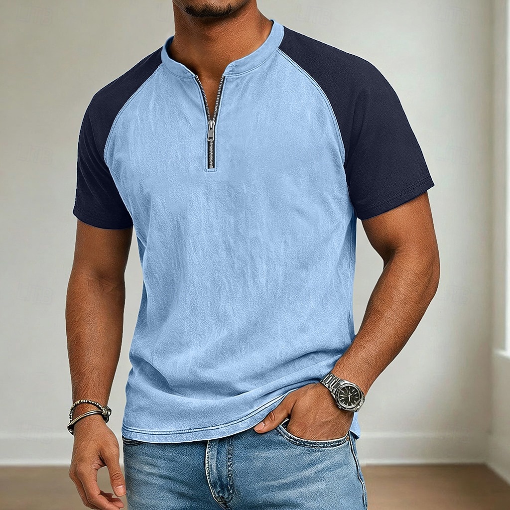 Per uomo Camicia 100% cotone lavaggio acido Manica Corta Zip a un quarto Primavera & Estate Estate Primavera Blocco di colori Patchwork Retrò Vintage Casual Henley Patchwork Stile Vintage Blocco di del 2026 a $29.99 –P1