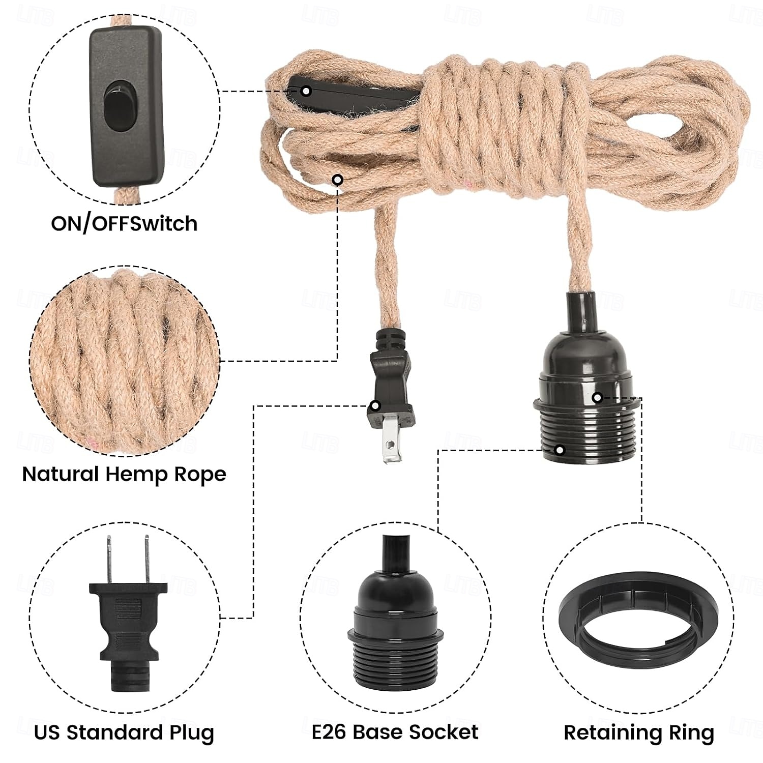 15ft 1-lichts stekker, 23ft 3-lichts stekker, hanglampen met stekker, hanglampenset van henneptouw met tweewegschakelaar, hanglampensets in boerderijstijl, doe-het-zelf hanglampen 2026 - $54.99 –P6