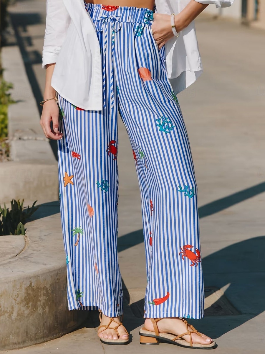Per donna Gamba larga Chinos Vacanza Moda Streetwear Lunghezza intera Vita Alta A righe Tasca Fascia Elastica Stampato Comodo Comodità Morbido Elasticizzato All'aperto Vacanza Streetwear Blu Estate del 2026 a $27.99 –P3