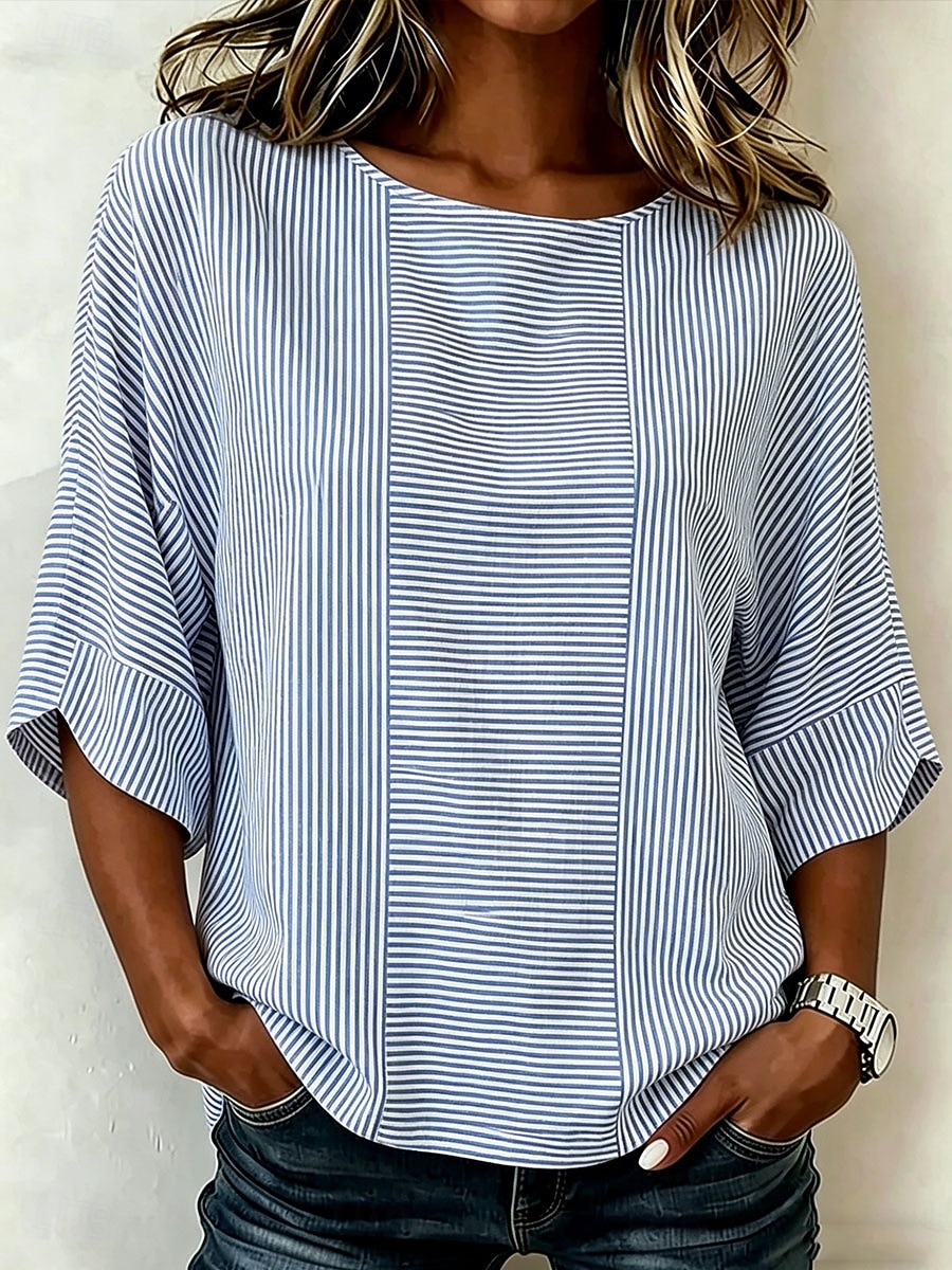 Dames Overhemd Afdrukken Grafisch Gestreept Vintage Dagelijks Stijlvol Halve mouw Strakke ronde hals Boothals Normale tops Casual Dagelijks Feestdagen blauw Blozend Roze Grijs Zomer Lente Herfst 2026 - $29.99 –P1