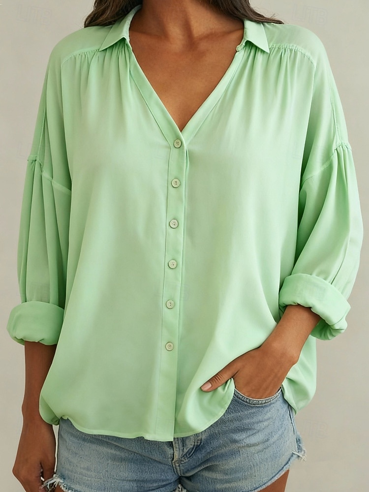 Per donna Blusa Finto cotone e lino Bottoni Tinta unica Essenziale Casual Manica Lunga Scollo a V Top Regolari Quotidiano Blu Bianco Rosa Verde Estate Primavera Autunno del 2026 a $25.99 –P3