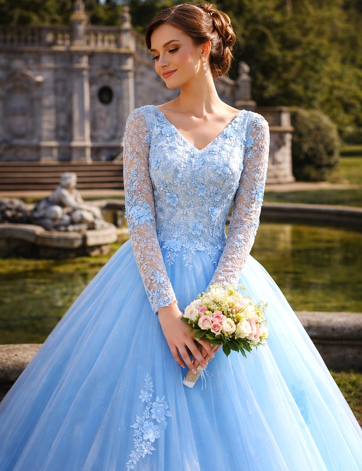 Robe de Bal Longueur Plancher Robes de Promo Princesse Bouffante Manches Longues Col en V Performance Quinceanera avec Cristaux Appliqués de 2026 ? GBP £86.89 –P2