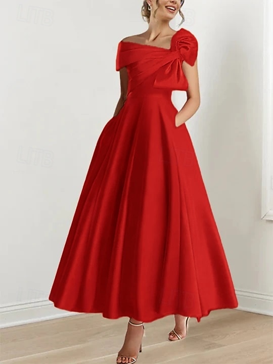 A-Line Ankle Length Cocktail Dresses Party Dresses Elegant Silky Short Sleeve One Shoulder Wedding Formal Pink Dress Satin with Bow(s) 2026 - $149.99 –P13