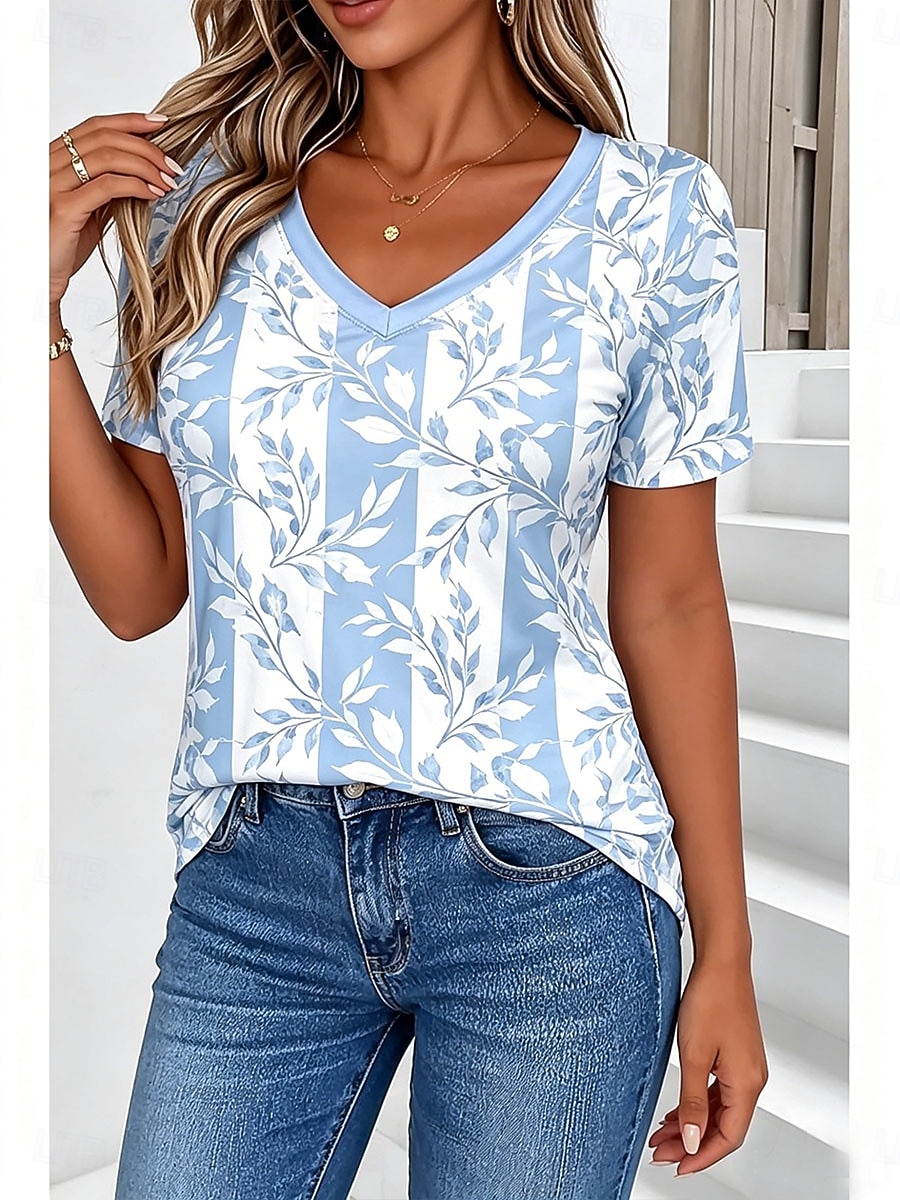 Mulheres Camiseta Imprimir Floral Gráfico Plantas à moda Clássico Casual Manga Curta Decote V Tops regulares Diário Azul Rosa Verde Verão Primavera de 2026 por $21.99 –P3