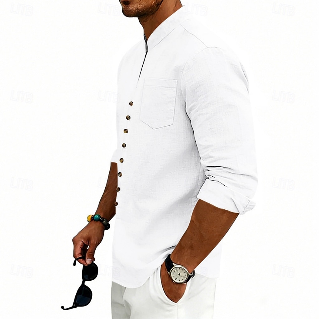 Homens Camisa Social Camisa de linho camisa de verão camisa de praia Tecido Casual Férias Preto Branco Rosa Azul Marinha Manga Longa Faixa Verão Primavera Roupa Bolsos de 2026 por $25.99 –P5
