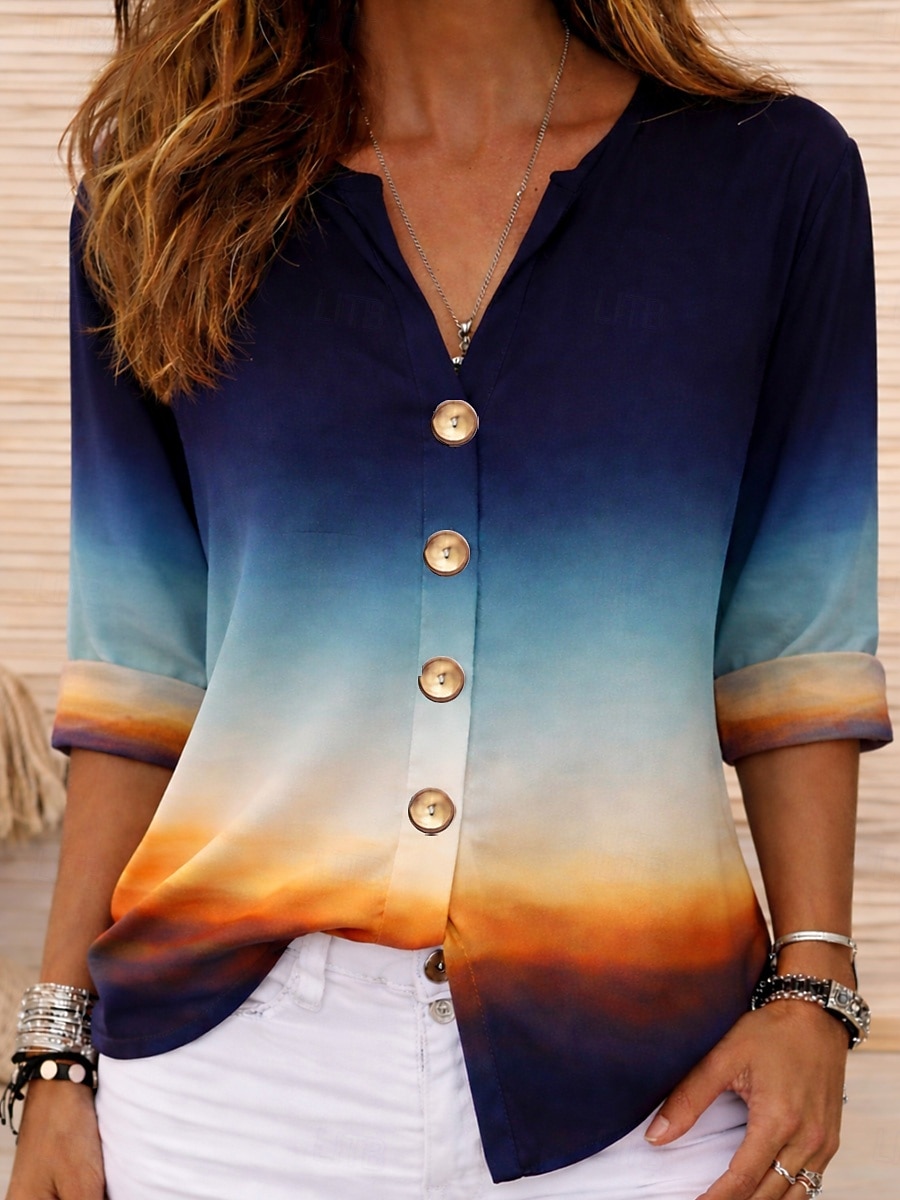 Women's Shirt Tunic Summer Tops Buttons Ombre Graphic Vacation Vintage Daily Long Sleeve V Neck Regular Tops Casual Daily Holiday Blue Yellow Green Summer Spring Fall 2026 - $45.99 –P2