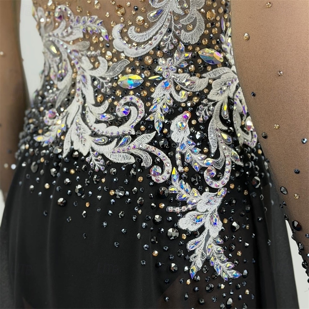 Abito da pattinaggio artistico Per donna Pattinaggio sul ghiaccio Vestito Nero Patchwork Foro per il pollice Elasticizzato Allenamento Competizione Vestiti da pattinaggio sul ghiaccio Classico del 2026 a $533.89 –P4