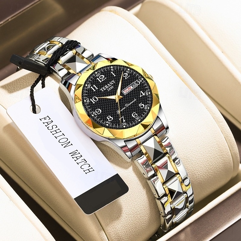 Women's Luxury Watch, Two-Tone Gold Silver Stainless Steel Link Bracelet, Faceted Bezel, Day Date Calendar, Easy Read Arabic Numerals Analog Quartz Dress Watch for Ladies Business Casual 2026 - $19.99 –P7