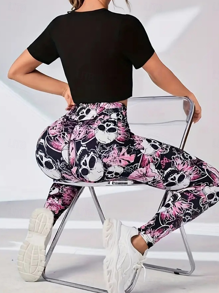 Women's Pilates Pants Yoga Pants Ruched Butt Lifting High Waist Gym Workout Running Fitness Leggings Skull Floral Botanical Pink Sports Activewear 2026 - $19.49 –P5