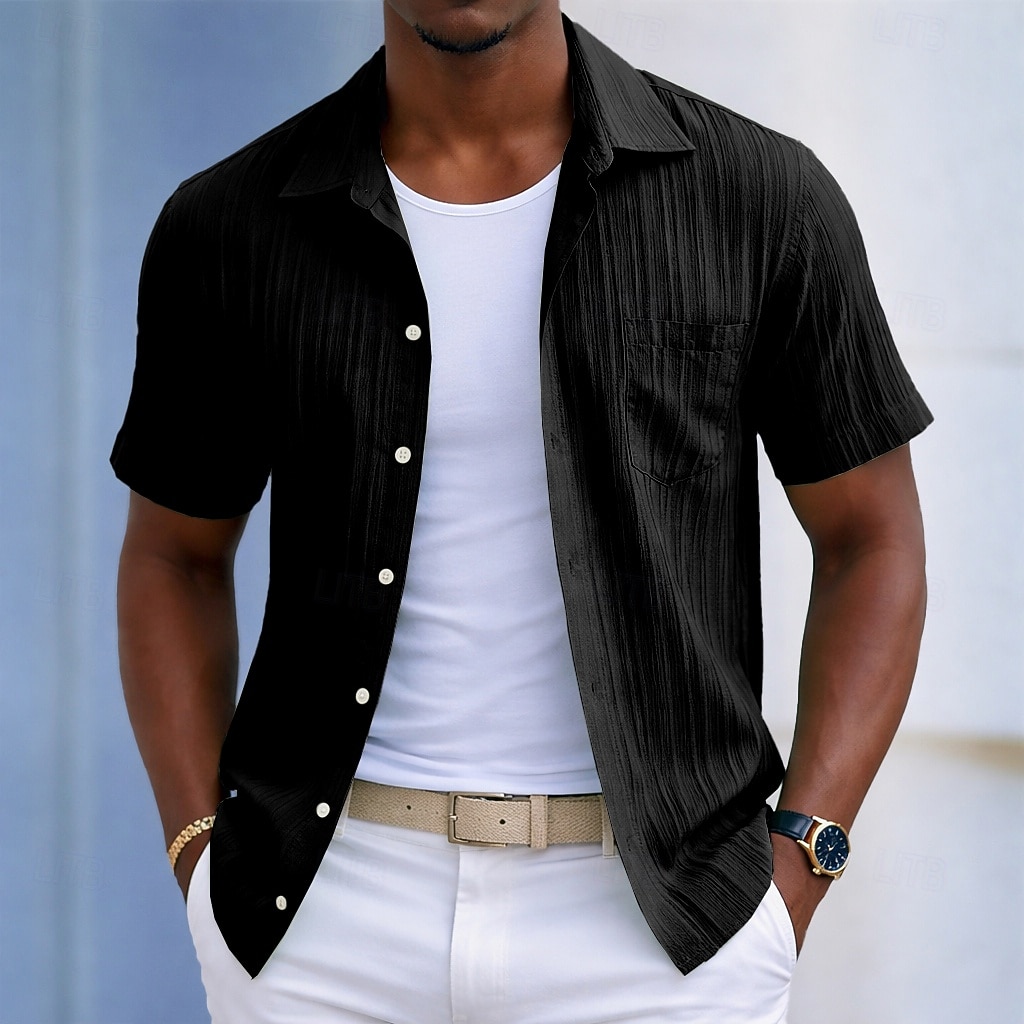 Men's Shirt Casual Shirt Beach Shirt Button Up Shirt Jacquard Shirt Black White Light Green Wine Blue Short Sleeve Solid Color Plain Lines / Waves Lapel Casual Streetwear Pocket Clothing Apparel 2026 - $20.99 –P19