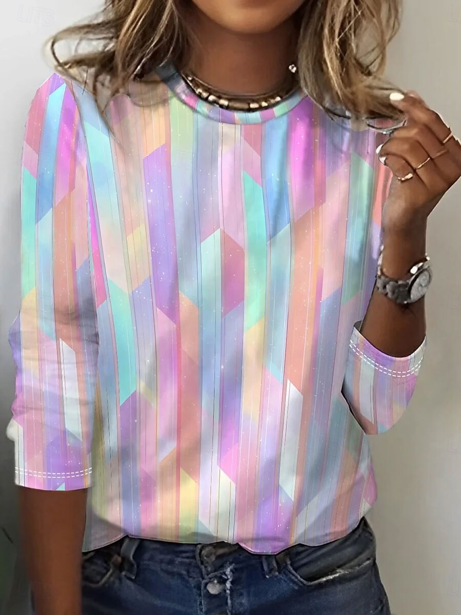 Damen T Shirt Druck Grafik Marmor Stilvoll Klassisch Modern Langarm Rundhalsausschnitt Normale Oberteile Täglich Wochenende Urlaubskleidung Rosa Grün Sommer Frühling 2026 - $24.99 –P1