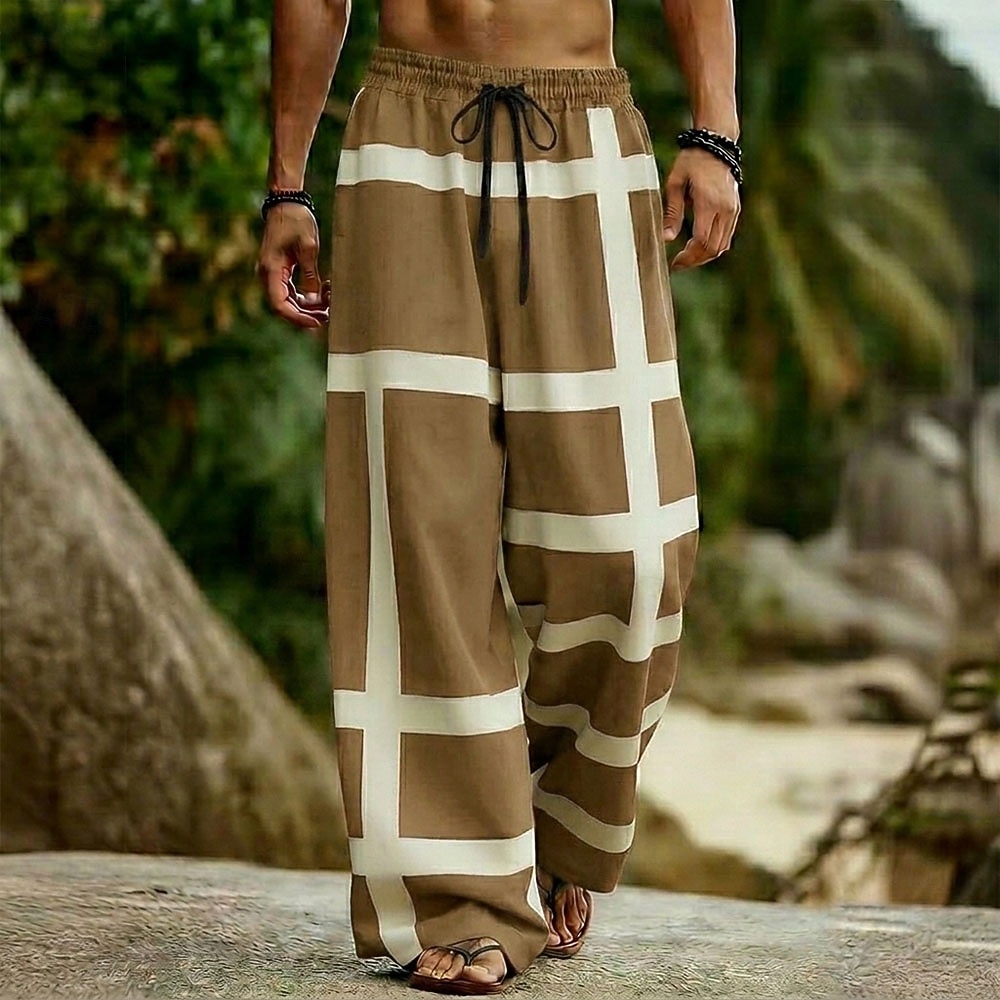 Men's Geometric Color-blocking Trousers Casual Pants Baggy Pants Mid Waist Boho Home Outdoor Vacation Elastic Drawstring Waist Linen-Like Pants with Pockets Summer Spring 3D Print Black Red Green 2026 - $27.99 –P3