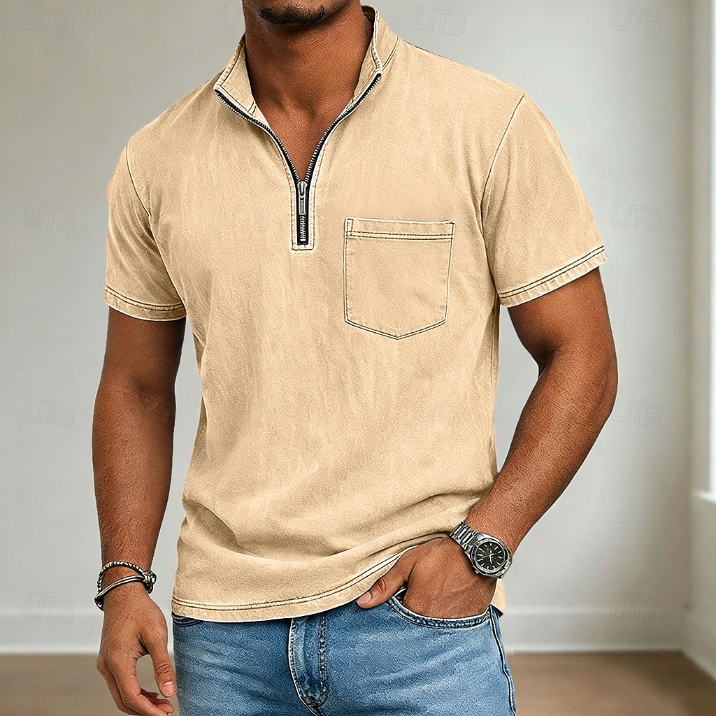 Муж. Футболка Рубашка из 100% хлопка с кислотной стиркой С короткими рукавами Четверть молния Лето Весна Осень Полотняное плетение Ретро На каждый день Старинный Окрашенная одежда Промытый 2026 - $31.99 –P6