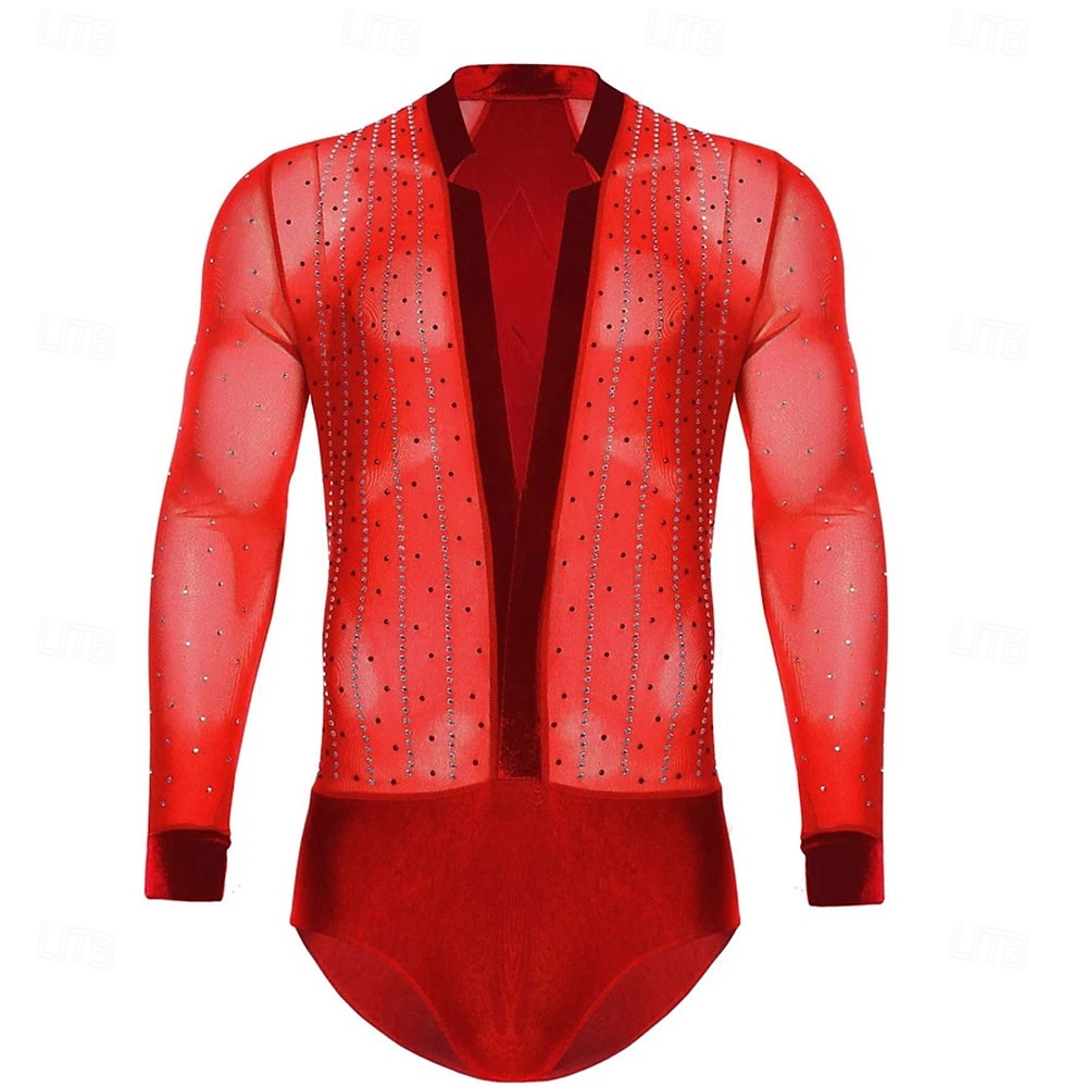 Men's Red Rhinestone Latin Dance Bodysuit Deep V Mesh Long Sleeve Ballroom Performance Costume 2026 - $242.49 –P4