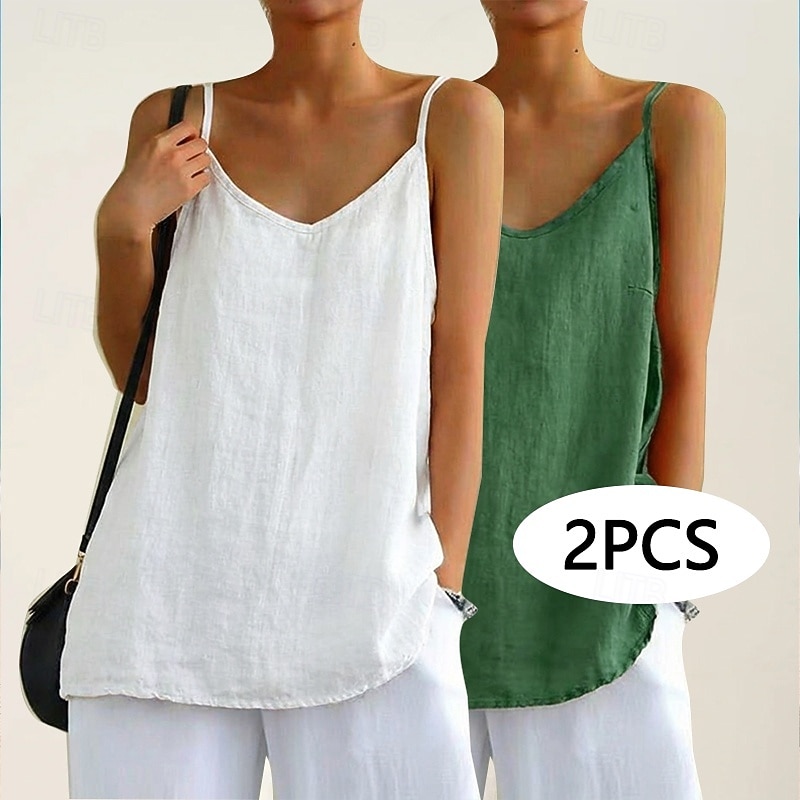 multi pack 2pcs camicie da donna in cotone e lino camicetta senza maniche camicia patchwork bottoni semplice quotidiano elegante basic senza maniche scollo a V top regolari quotidiano vacanza uscire del 2026 a $21.99 –P1