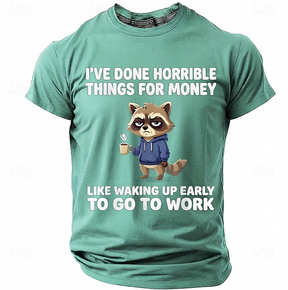 Maglietta da uomo con stampa divertente di un procione "Ho fatto cose orribili per soldi", maniche corte, girocollo, procione stanco che beve caffè, umorismo da ufficio, regalo sarcastico per del 2026 a $18.99 –P13