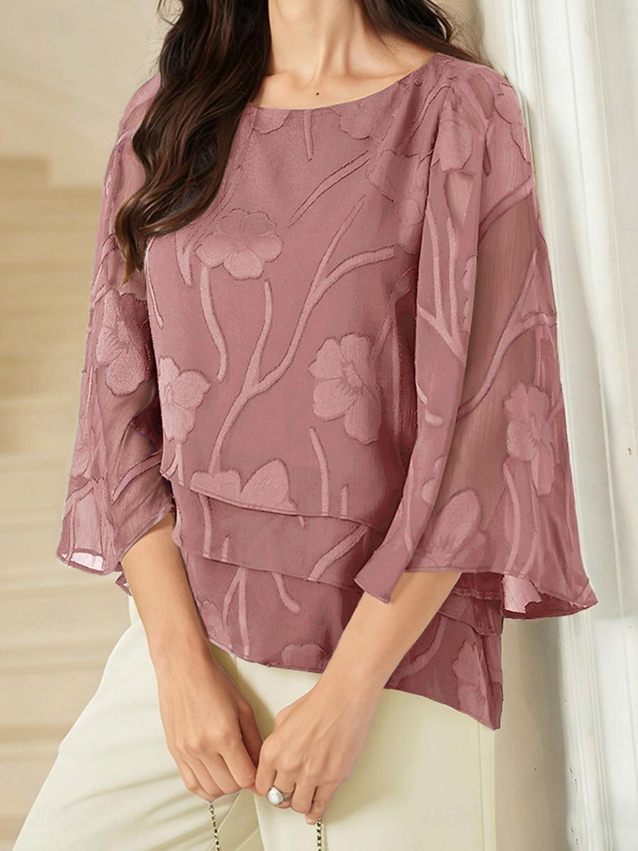 Damen Spitzenbluse Bluse Elegante Oberteile Chiffon Tops Asymmetrischer Saum Einfarbig Blumen Grafik Elegant Stilvoll Basic Dreiviertelarm Glockenärmel U-Boot-Ausschnitt Normale Oberteile Täglich 2026 - $47.99 –P2