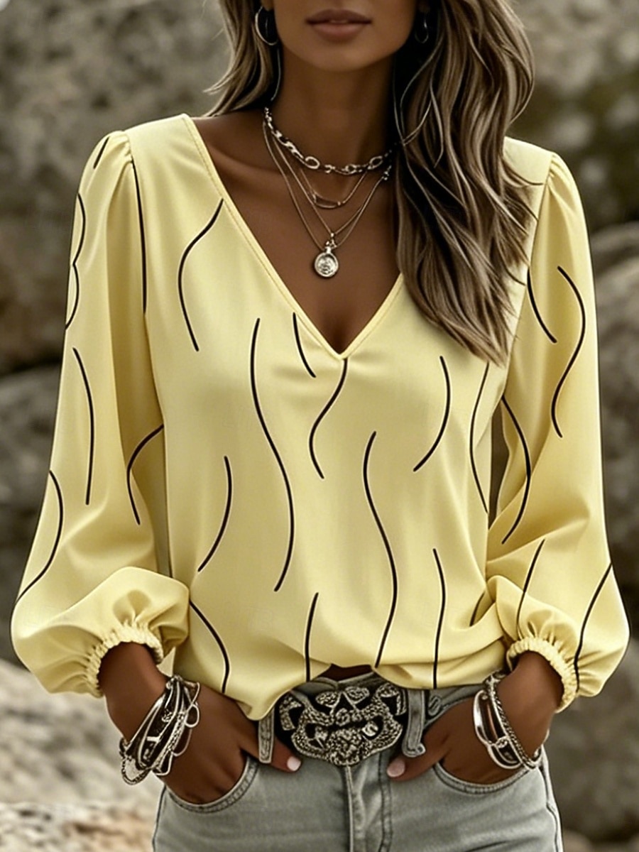 Mujer Camisa Estampado Graphic Geométrico Bohemia Vacaciones Vintage Manga Larga Manga de la linterna Escote en Pico Tops regulares Casual Diario Festivos Azul Piscina Blanco Amarillo Rosa Verde 2026 - $32.99 –P4