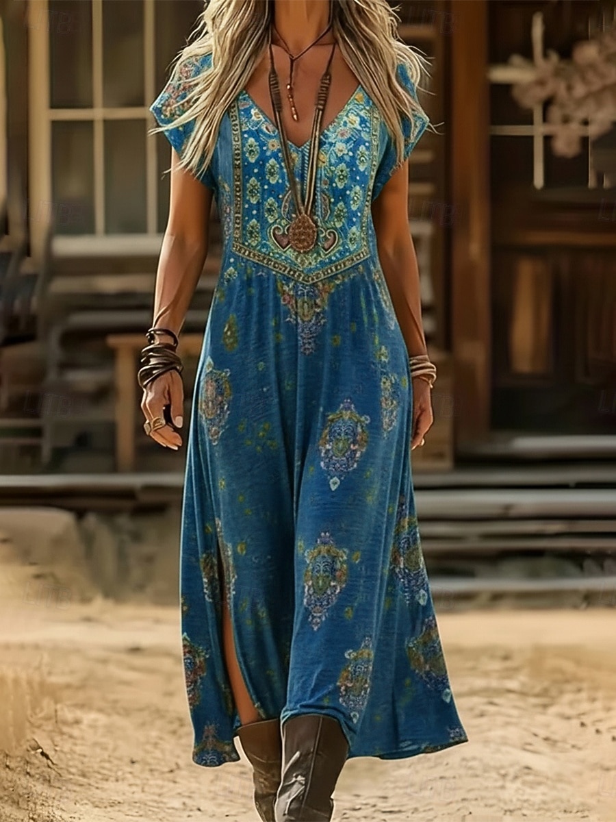Per donna Abito Midi Abito Boho Vestito Casual Abito a trapezio Abito Stampato Vintage All'aperto Vacanza Weekend Vestibilità regolare Floreale Grafico Manica Corta Scollo a V Blu Vino Blu scuro del 2026 a $12.49 –P4