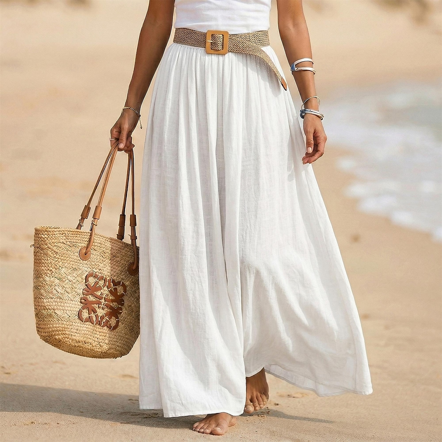 Pentru femei Fustă de vacanță Fustă din bumbac artificial și in Modă Casual Lung vară Maxi Talie Înaltă Fuste Simplu Zdrobit Fluid Strech Zilnic Plajă Albastru piscină Măr Verde Maroniu Galben Lămâie 2026 - $28.99 –P3