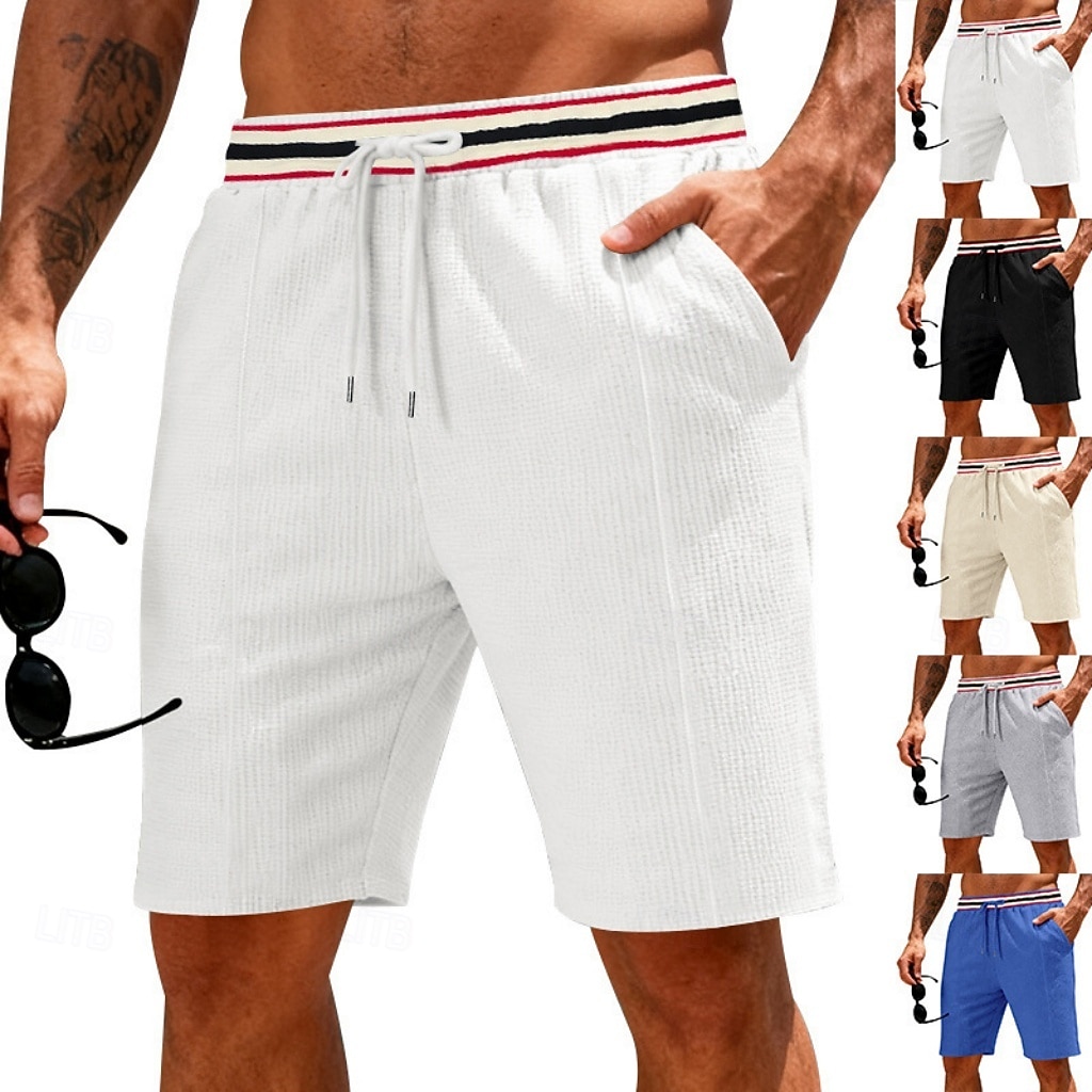 Men's Waffle Shorts Shorts Summer Shorts Beach Shorts Casual Shorts Drawstring Pocket Elastic Waist Striped Comfort Breathable Knee Length Outdoor Beach Vacation Vacation Fashion Black White 2026 - $17.99 –P1