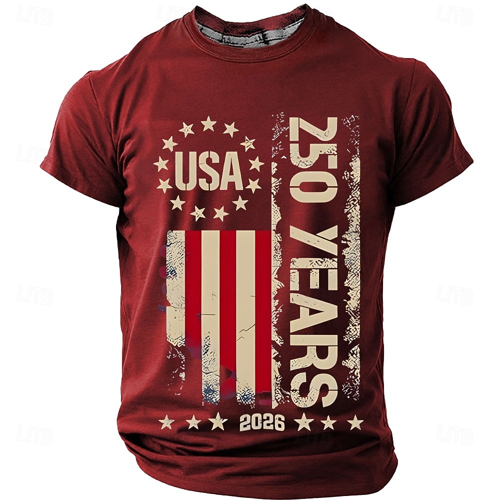 4. juli 2026 250. Herre Helfarge Amerikansk amerikansk flagg T skjorte Kortermet T skjorte 3D-utskrift Crew-hals Skjorte Vintage retro Patriotisk Daglig Festival Blå Svart Burgunder Sommer Vår Klær S 2026 - $18.99 –P1