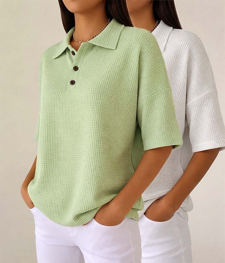 Damskie Koszula waflowa Jednokolorowe Elegancja Aktywny Urlop Bez rękawów Rękaw 1/2 W serek Kołnierz polo Długie topy Codzienny Na zewnątrz Streetwear Niebieski / Czarny Biały + czarny Czerwony 2026 - $45.99 –P4