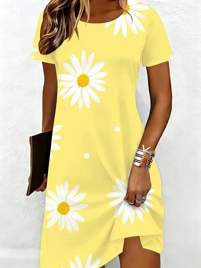 Women's Midi Dress Shift Dress T Shirt Dress Tee Dress Casual Daily Regular Fit Floral Graphic Daisy Short Sleeve Crew Neck Light Yellow Summer Spring 2026 - E£1218.67 –P1