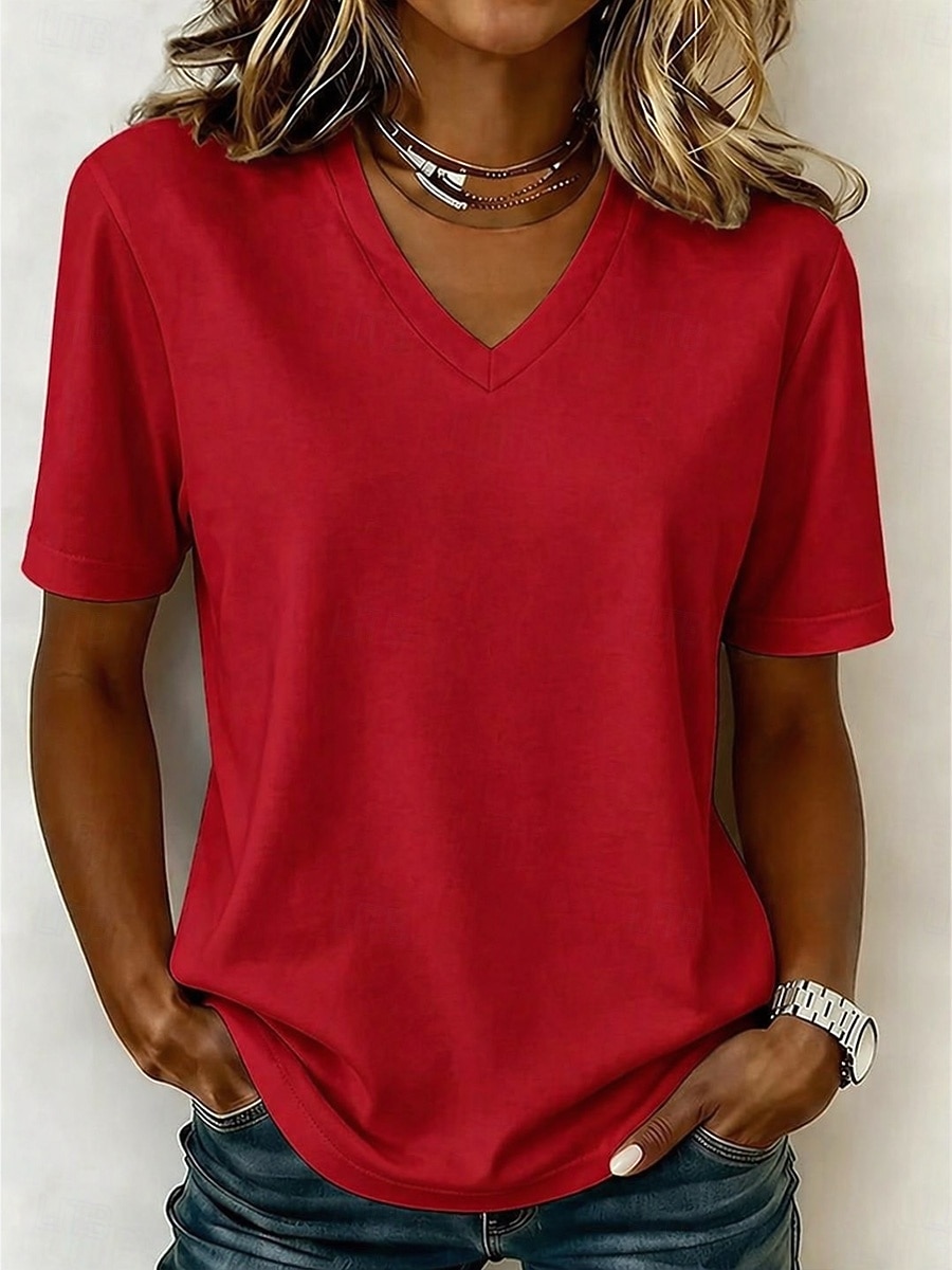Pentru femei Tricou Cămașă din bumbac Tee Top Culoare solidă Modă Stilat De Bază Manșon scurt În V Topuri obișnuite Casual Zilnic Ieșire Albastru piscină Alb Verde Deschis Roz Îmbujorat Roșu-aprins 2026 - $21.99 –P11
