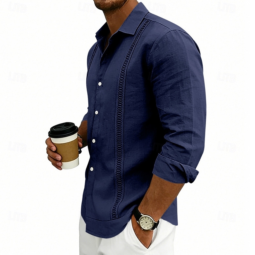 Herren Hemd Leinenhemd Sommerhemd Strandhemd Einfach Lässig Urlaub Schwarz Weiß Marineblau Khaki Langarm Umlegekragen Sommer Frühling Bekleidung Patchwork 2026 - $25.99 –P8
