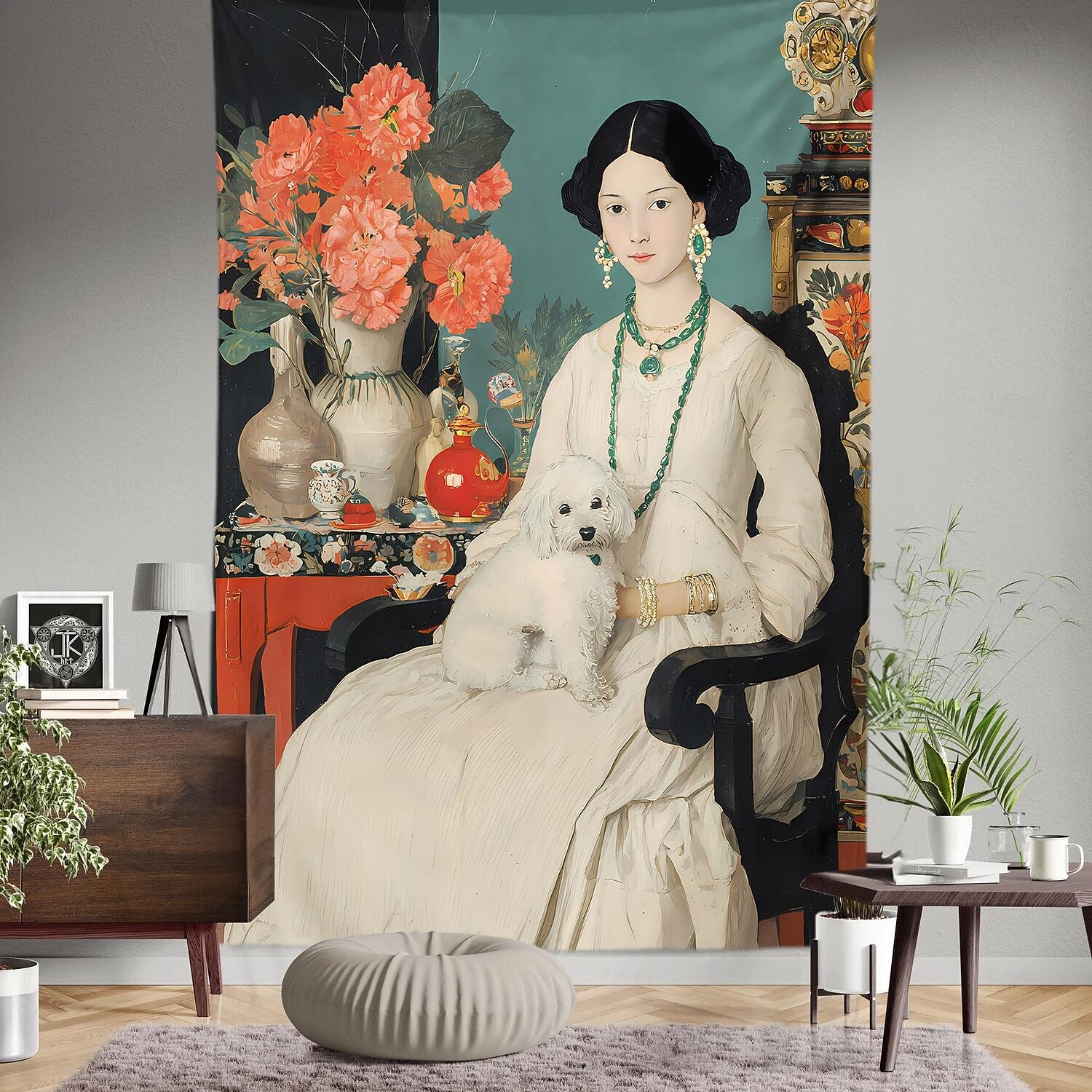 Vintage Victorian Lady with White Dog Wall Tapestry Elegant Woman in ...