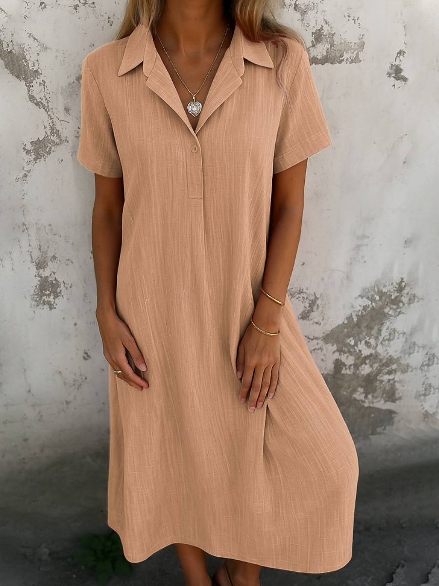 Women's Midi Dress Casual Dress Cotton Linen Dress Elegant Fashion Modern Outdoor Vacation Going out Regular Fit Plain Short Sleeve Shirt Collar Blue Black Orange Green Summer Spring 2026 - $34.99 –P1