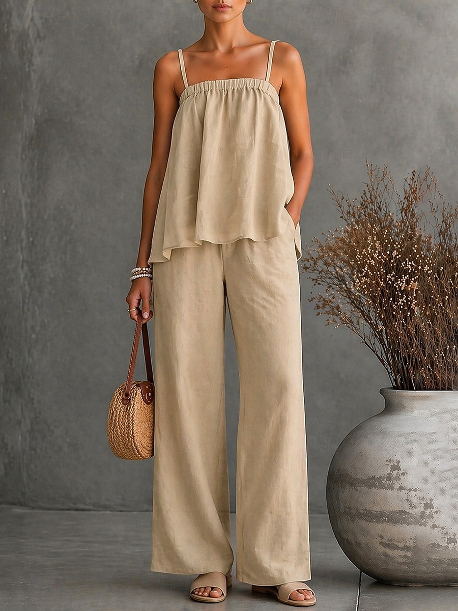 Per donna Set di biancheria in cotone Set di Pantaloni Senza Maniche Spallina Tinta unica Moda Streetwear Boho Casuale Quotidiano All'aperto Cachi Estate Vestibilità regolare del 2026 a $48.99 –P1