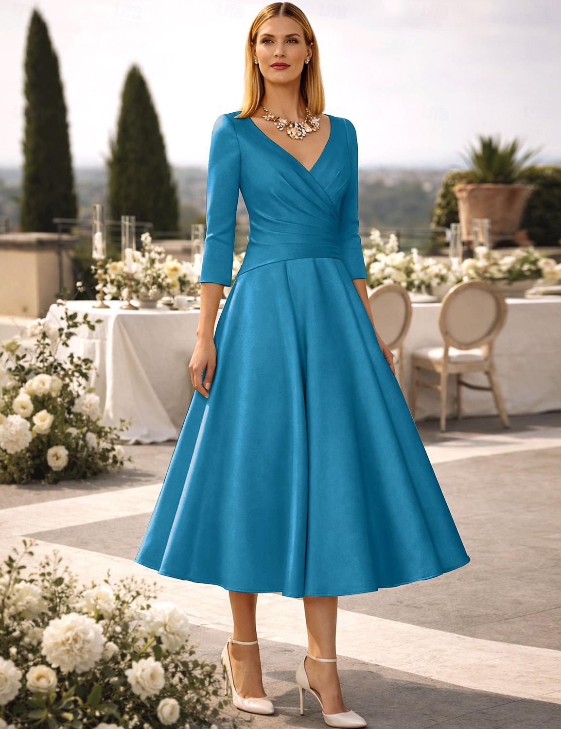 A-Linie Tee-Länge Cocktailkleider Partykleider Elegant Vintage Übergröße Dreiviertelarm V Ausschnitt Hochzeitsgast Satin mit Falten 2026 - $126.99 –P20
