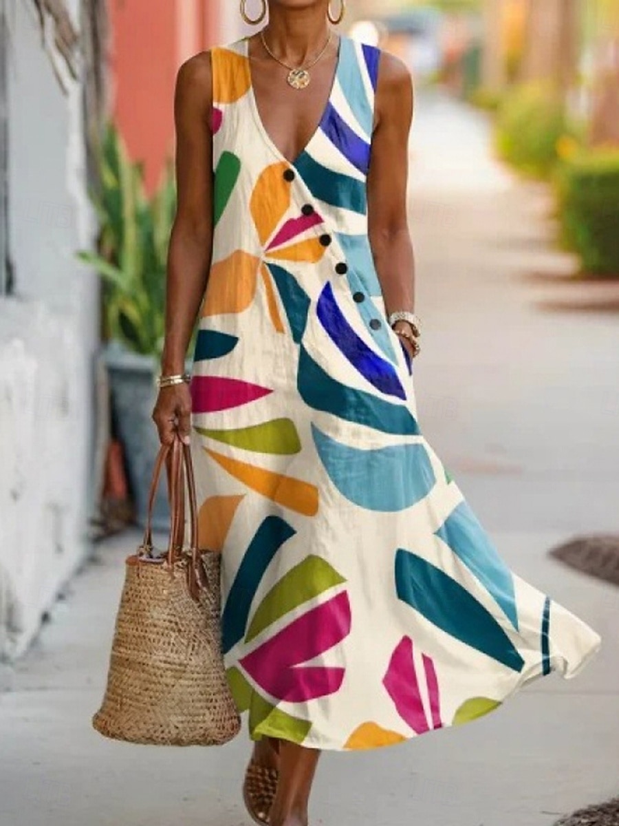 Mujer Vestido maxi Vestido de verano Vestido informal Vestido de una línea Elegante Vacaciones Playa Festivos Ajuste regular Graphic Geométrico Sin Mangas Escote en Pico Amarillo Marrón Beige Verano 2026 - $42.99 –P1